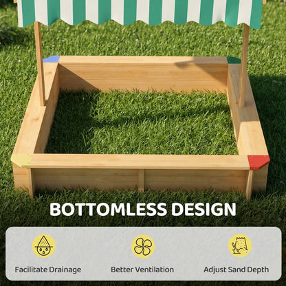 Wooden Sandbox with Cover, Kids Sandbox Outdoor with Adjustable Canopy and Seats for Backyard, Beach, Light Brown
