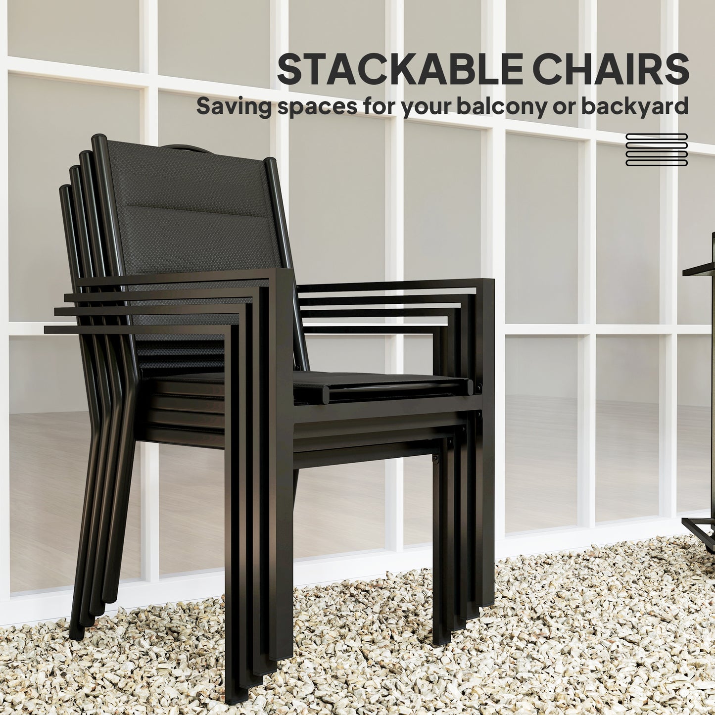 5 Piece Outdoor Dining Set w/ 4 Stackable Chairs, Rectangle Table, Tempered Glass Top, Steel Frame, Black