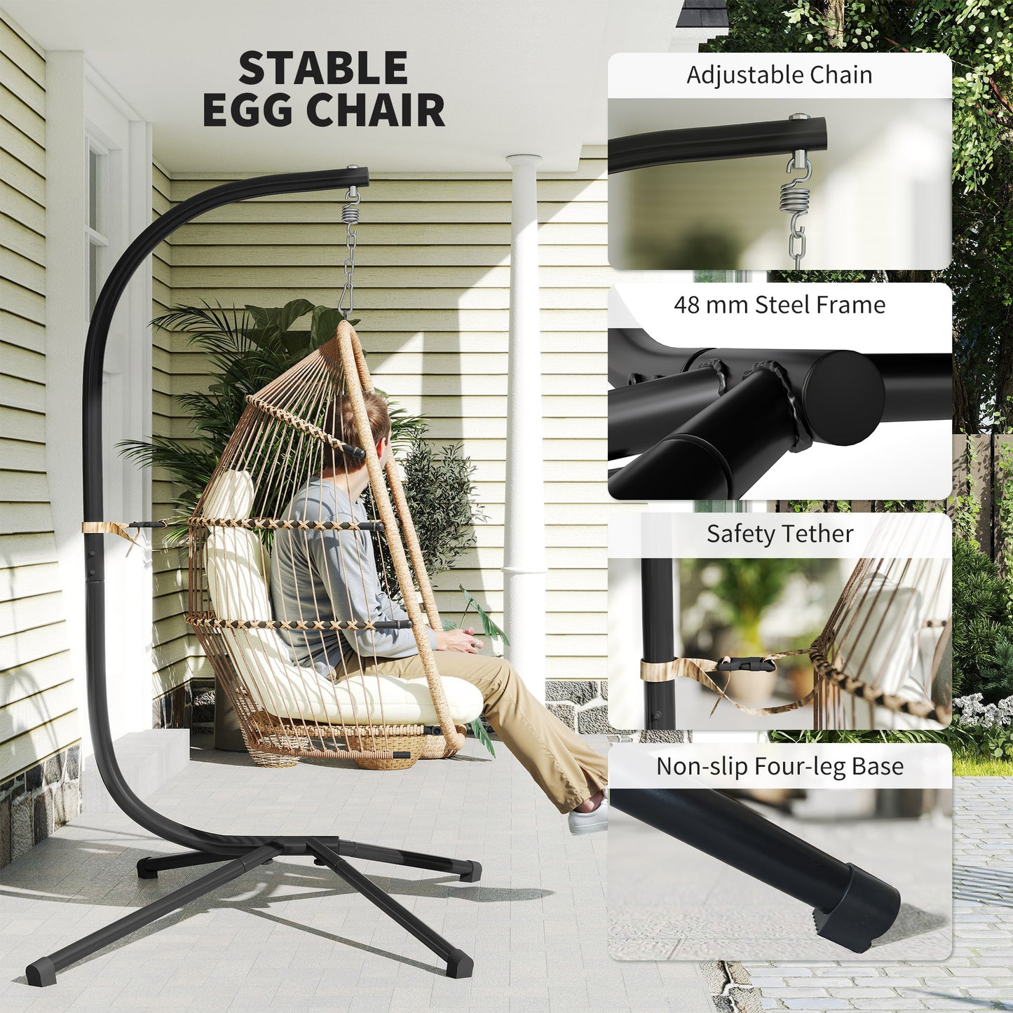 Wicker Egg Swing Chair with Stand, Foldable Hanging Egg Chair with UV Resistant Cushion, Headrest, Beige