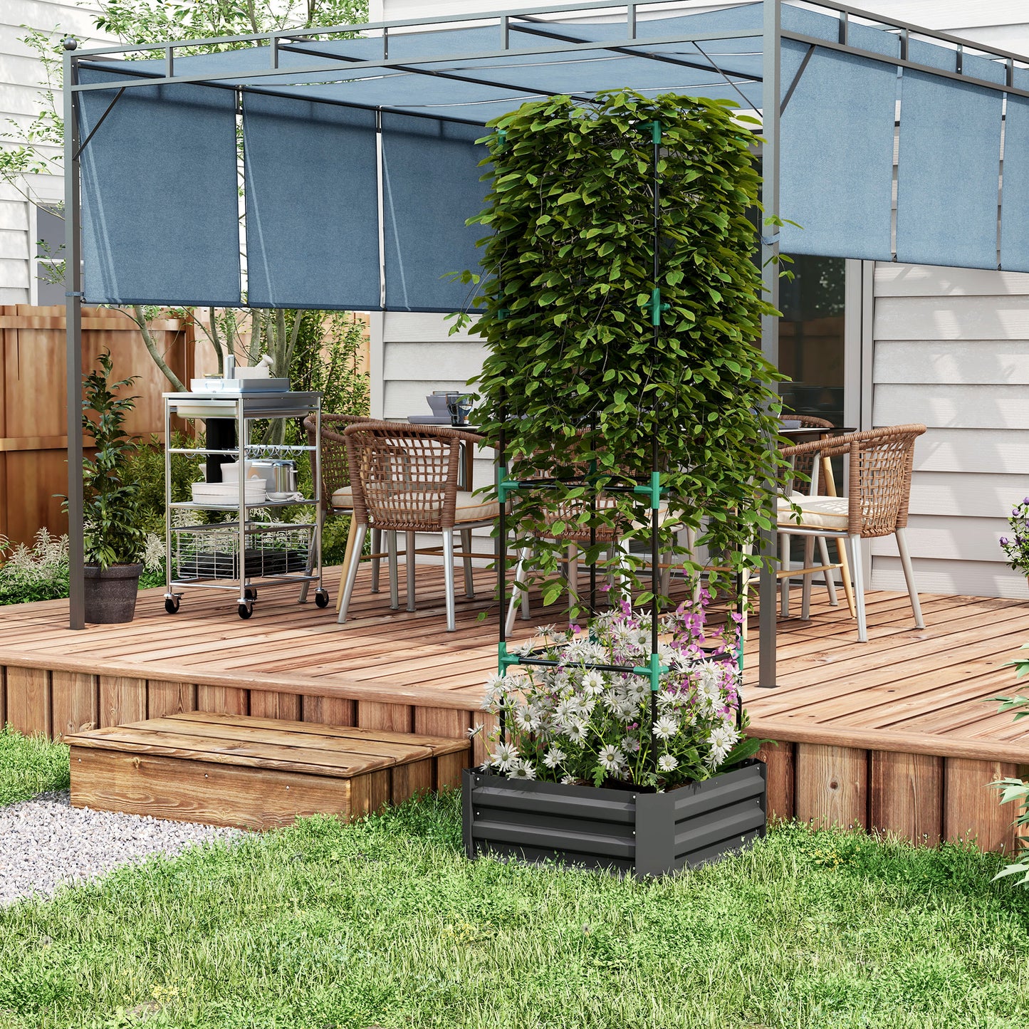 Galvanized Planter Box, Outdoor Raised Garden Bed with 4-Tier Trellis Tomato Cage for Climbing Vines, Vegetables, Grey