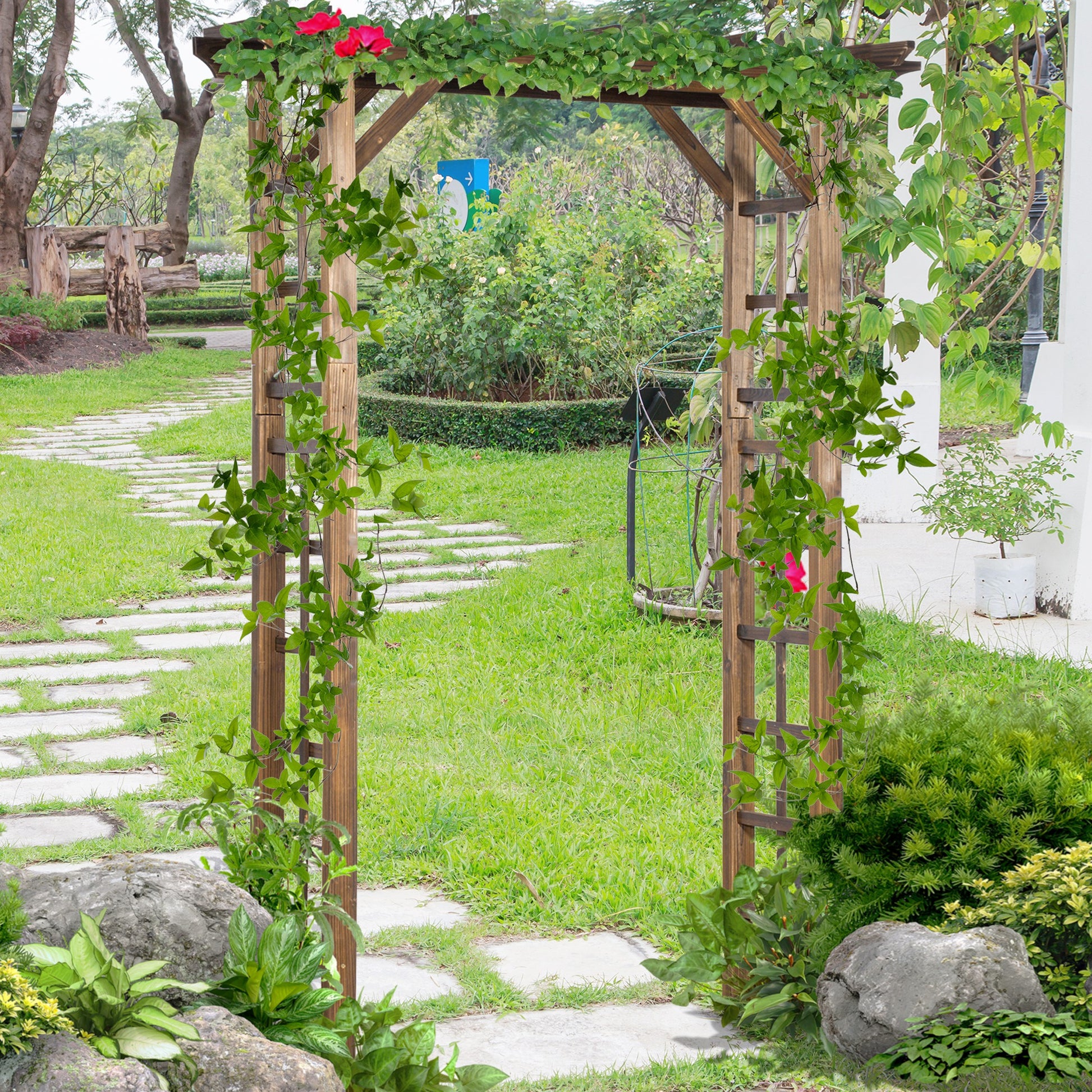 85" Wooden Outdoor Garden Arbour, Garden Arch Trellis for Climbing Vines for Wedding and Ceremony - Carbonized
