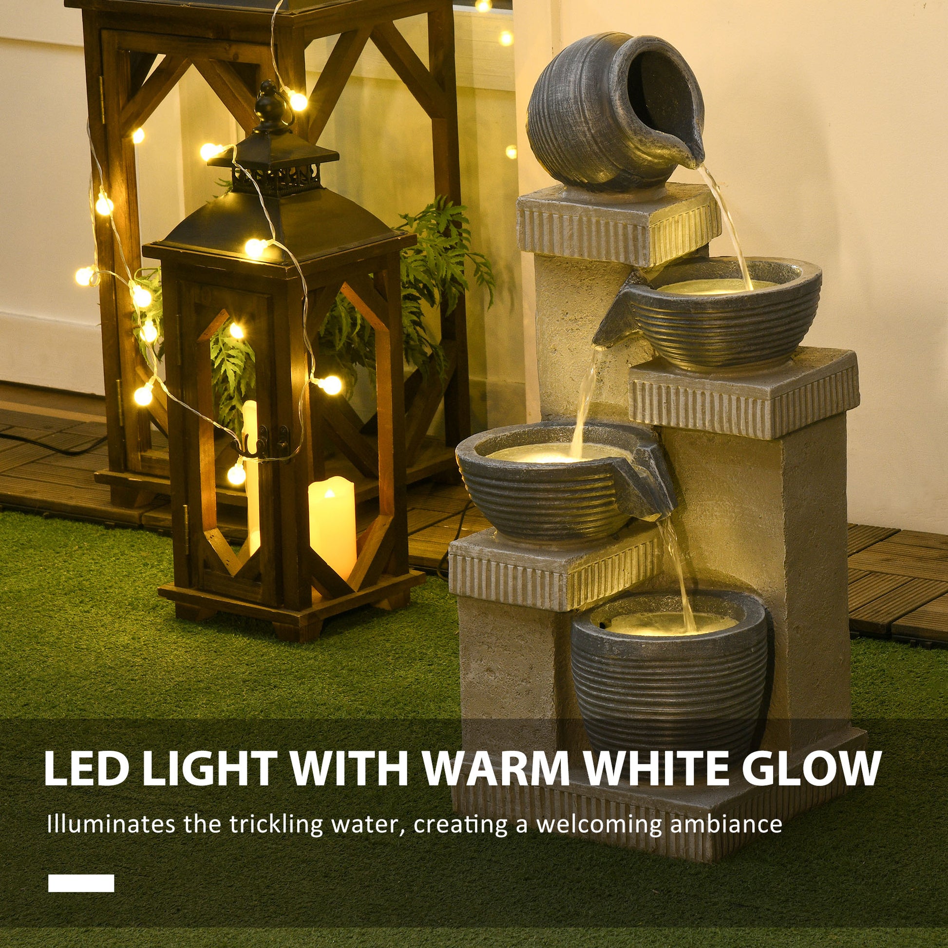 4-Tiered Outdoor Jar and Bowls Water Fountain with LED Lights, Adjustable Flow, 26.4-inch Resin Waterfall Fountain