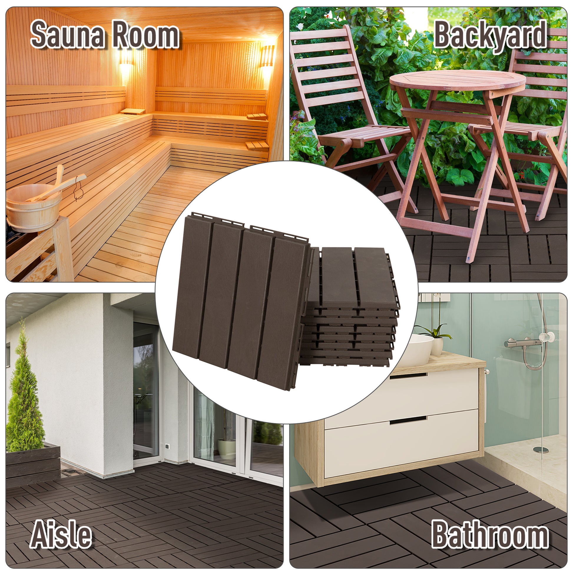 9 Pcs PP Interlocking Composite Deck Tile, 12" x 12" Outdoor Flooring Tiles for Indoor and Outdoor Use, Tools Free Assembly, Brown