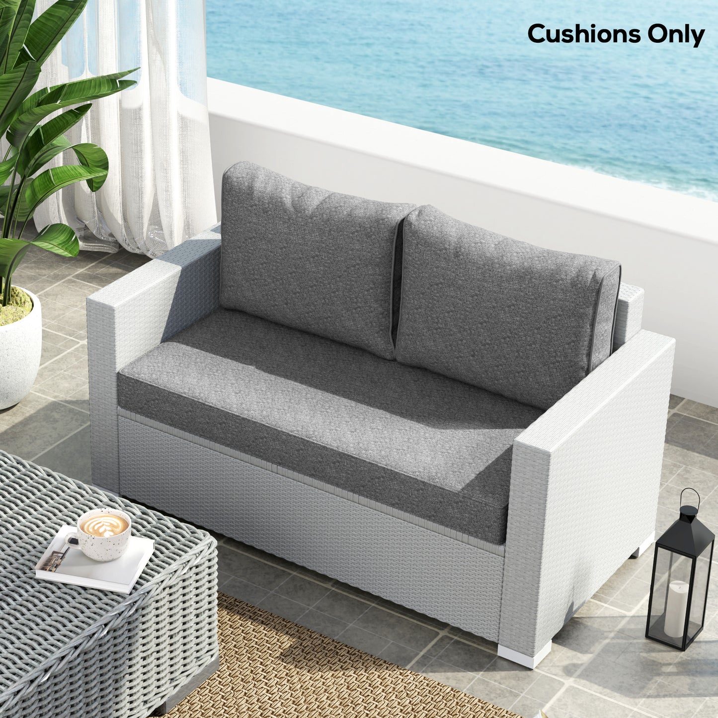 2 Seater Outdoor Seat Cushions with Backrest, Loveseat Double Sofa Outdoor Furniture Cushions, Grey