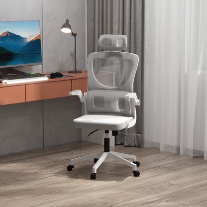 Ergonomic Office Chair, Mesh Computer Desk Chair with Adjustable Headrest, 4D Lumbar Support, Flip-up Arm, Grey