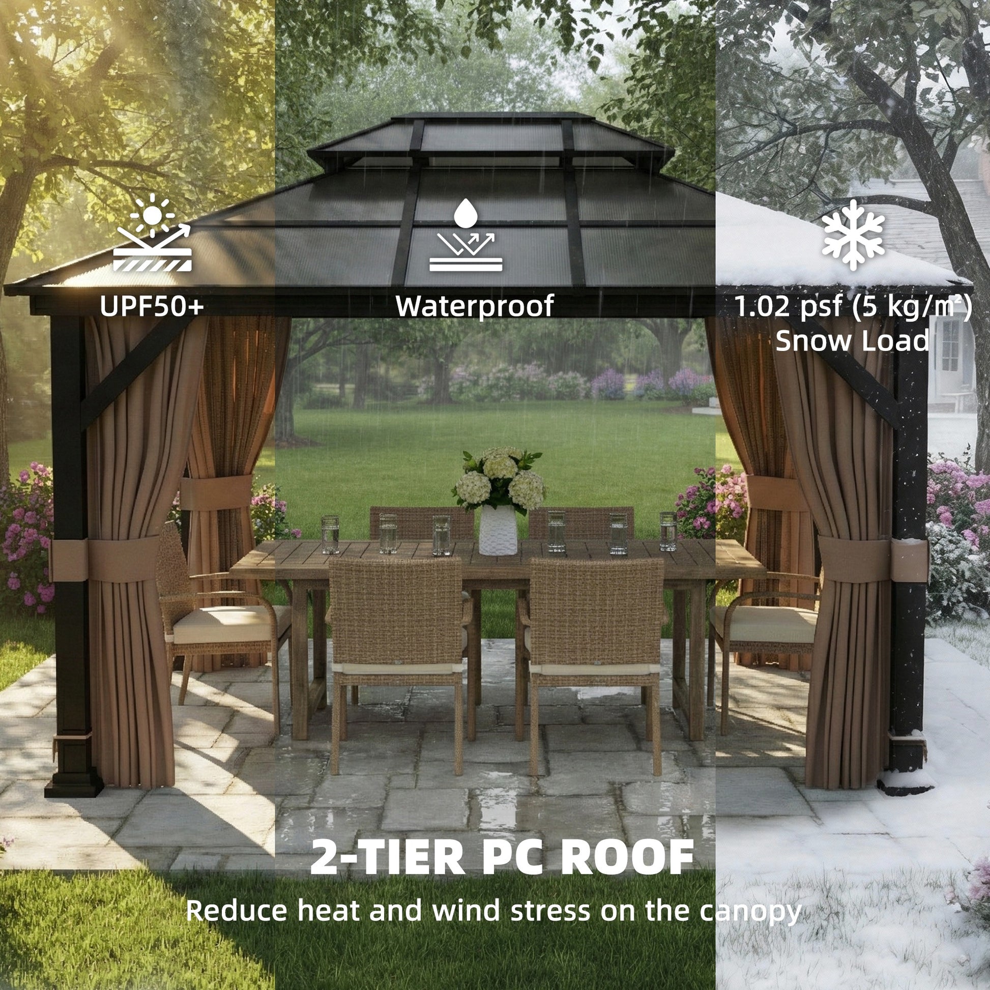 10' x 12' Hardtop Gazebo Canopy with Double PC Roof, Steel Permanent Outdoor Gazebo with Curtains and Netting, Khaki