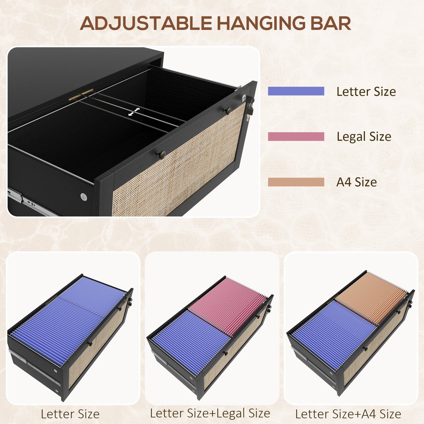 2-Drawer Filing Cabinet with Lock, Rattan File Cabinet with Adjustable Hanging Bar, Black