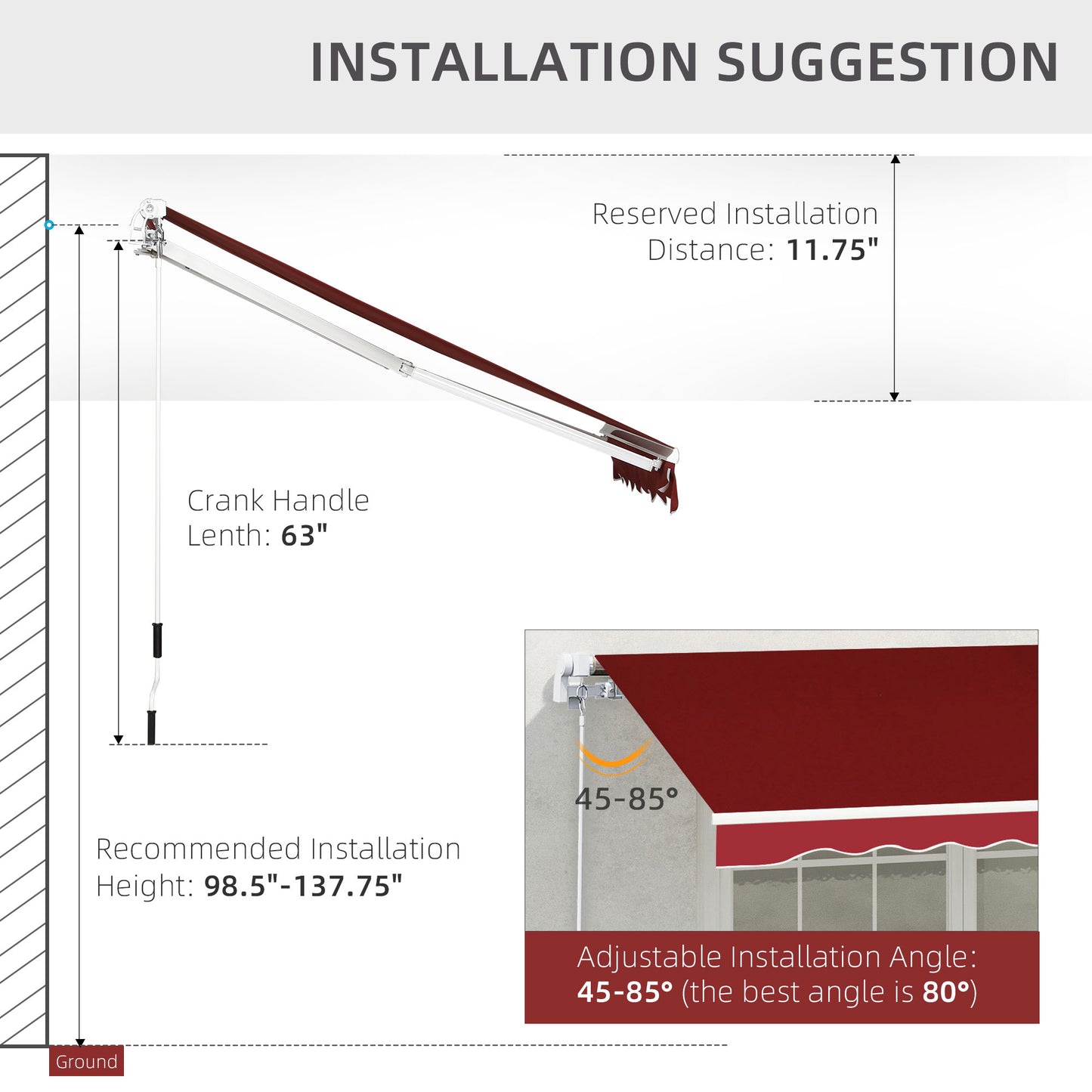 8'x7' Patio Awning Manual Retractable Sun Shade Outdoor Deck Canopy Shelter, Wine Red