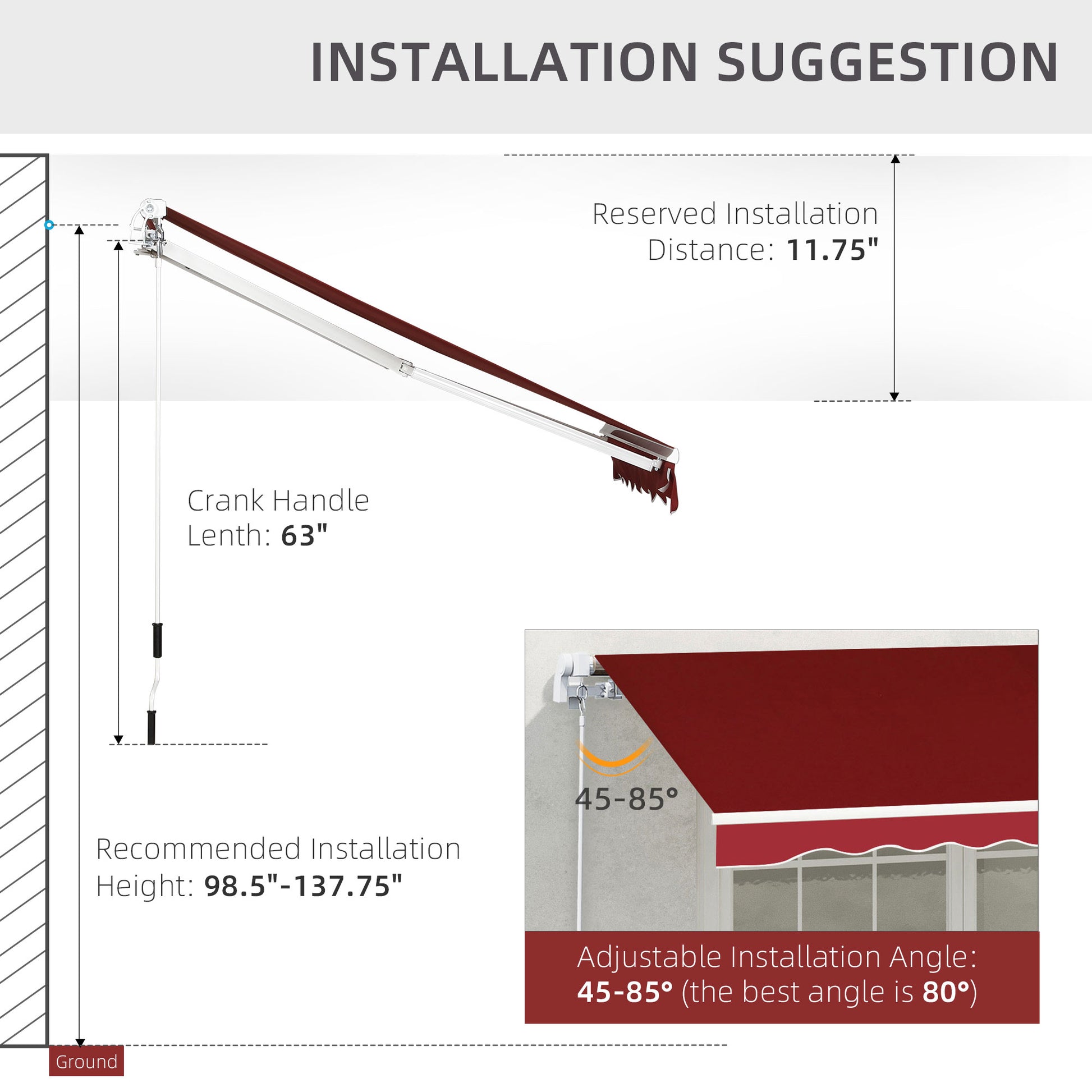 8'x7' Patio Awning Manual Retractable Sun Shade Outdoor Deck Canopy Shelter, Wine Red