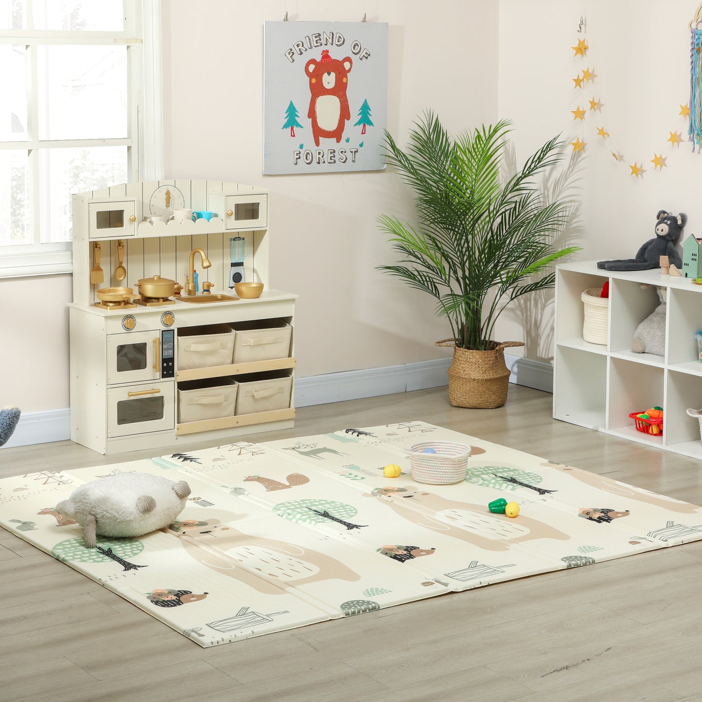 Qaba Double Sided Baby Play Mat, Reversible & Waterproof Foldable Crawling Mat, Animal Theme
