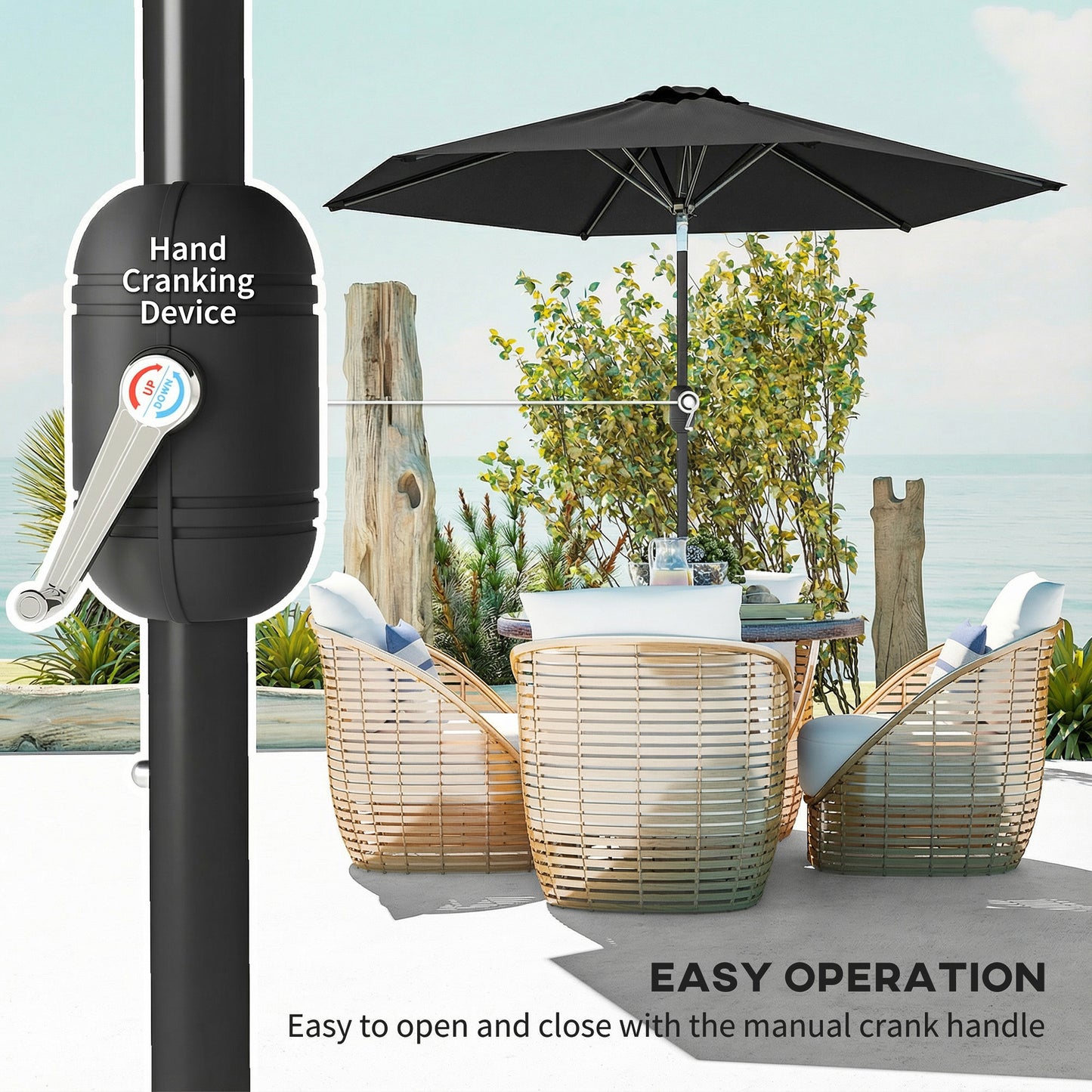 Patio Sun Umbrella, Outdoor Parasol with 6 Ribs, Black