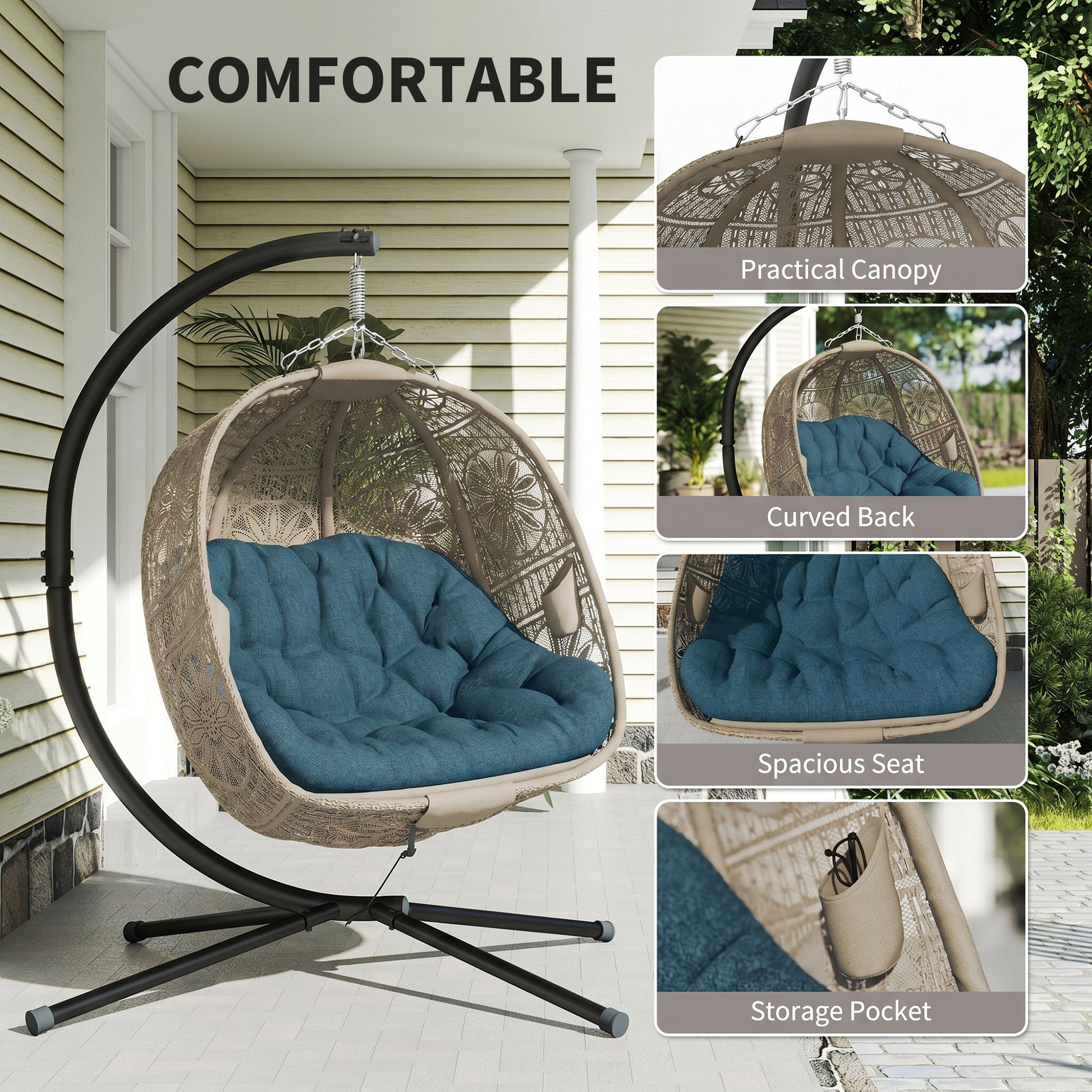 Hanging Egg Chair with Stand, Foldable Basket Swing Chair with Removable Washable Cushion, Dark Grey