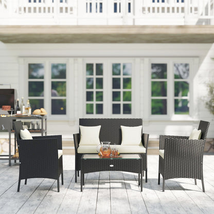 4-Piece Rattan Outdoor Furniture Set Patio Furniture Set with Coffee Table 22.8" W x 21.7" D x 33.5" H Black & Cream