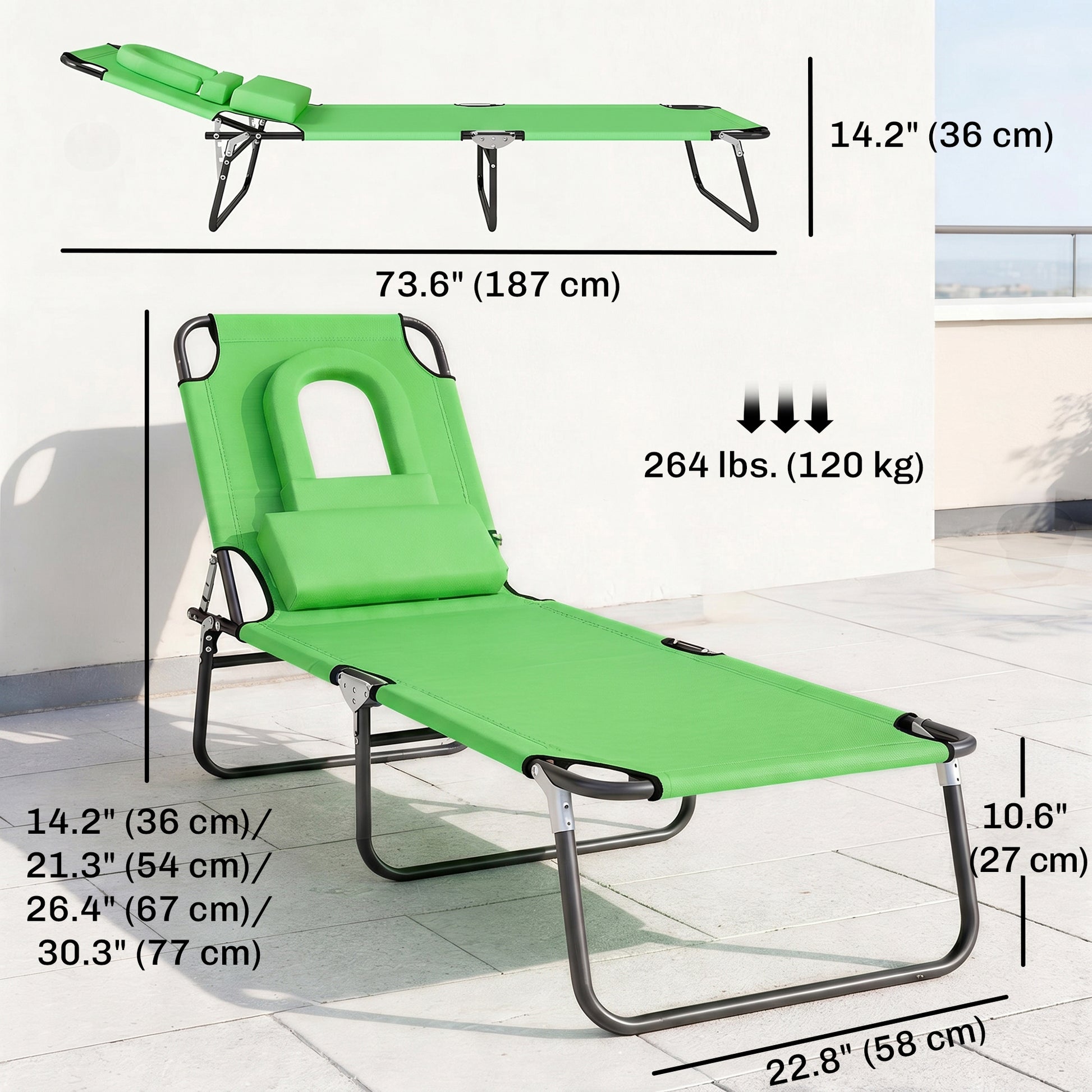 Folding Chaise Lounge Chair, Reclining Beach Tanning Chair with Face Hole, Pillow, 4-Position Adjustable Lay Flat Sun Lounger, Steel Frame for Outdoor Patio Pool, Green