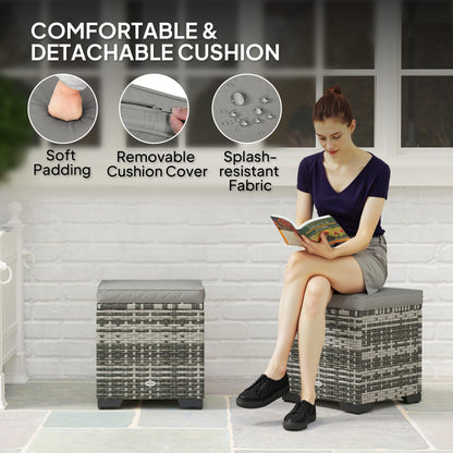 Set of 2 Wicker Ottoman, Outdoor Footstool with Storage & Removable Cushions for Poolside, Patio, Deck, Grey