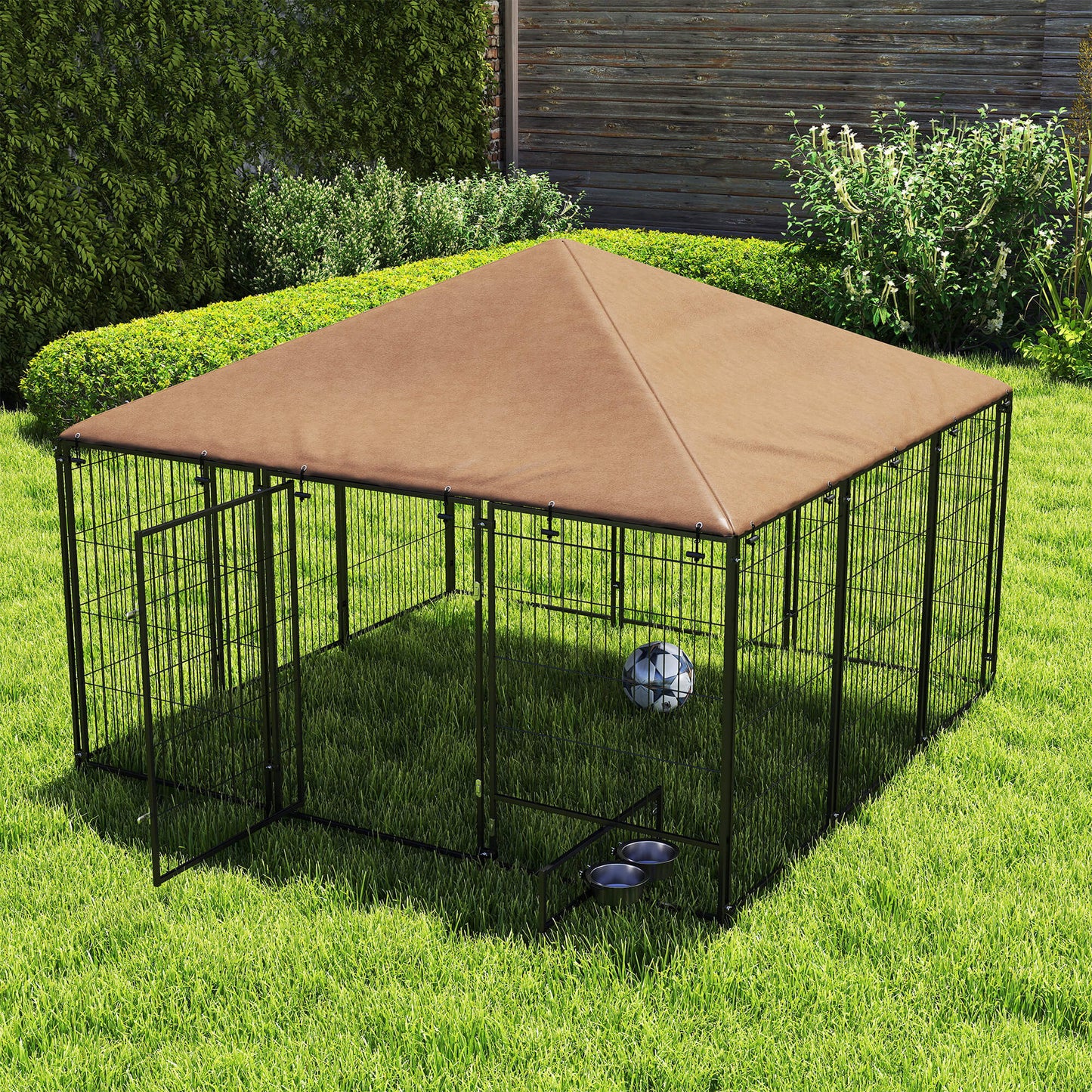 6.9' x 6.9' x 5' Outdoor Dog Kennel with Canopy, Rotating Bowls, Coffee