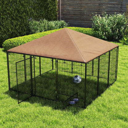 6.9' x 6.9' x 5' Outdoor Dog Kennel with Canopy, Rotating Bowls, Coffee