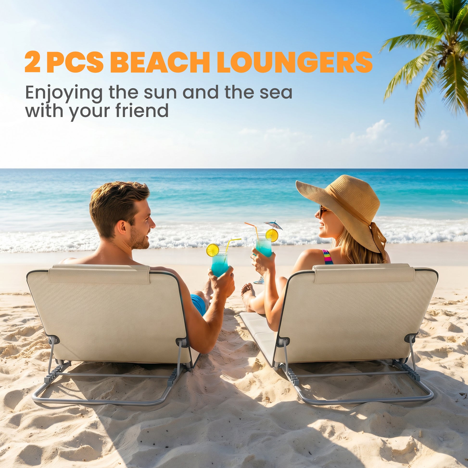 2 Pieces Beach Lounge Chair, Outdoor Folding Chaise Lounge Set w/ Pillow for Sunbath, Snap, Beige