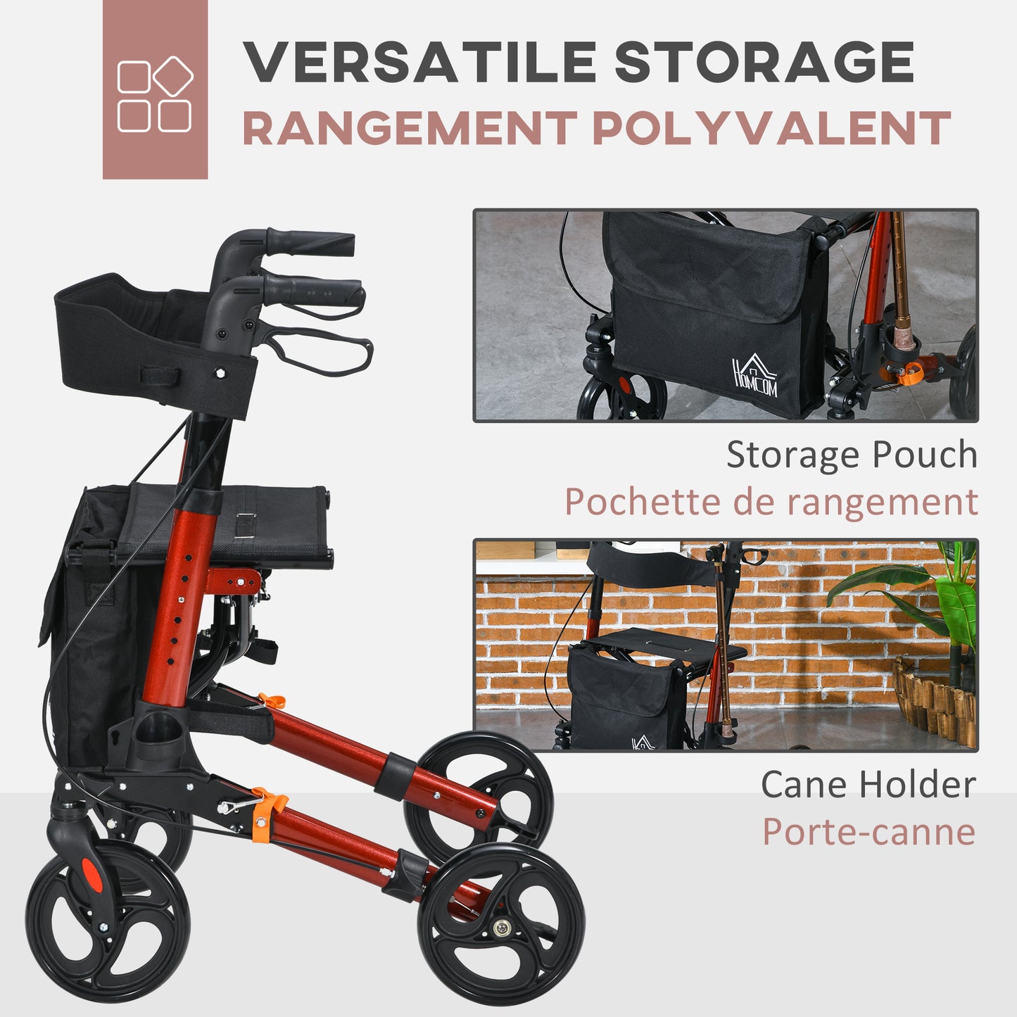 Rollator for Seniors with Seat, Back, Cane Holder, Aluminium Folding Rolling Walker with Adjustable Handle, Bag, Red