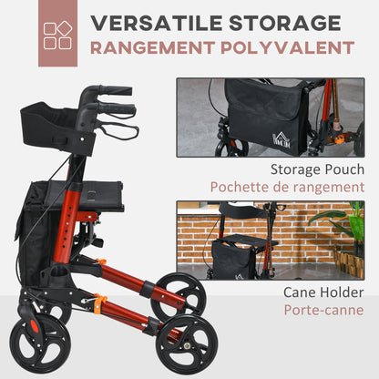 Rollator for Seniors with Seat, Back, Cane Holder, Aluminium Folding Rolling Walker with Adjustable Handle, Bag, Red