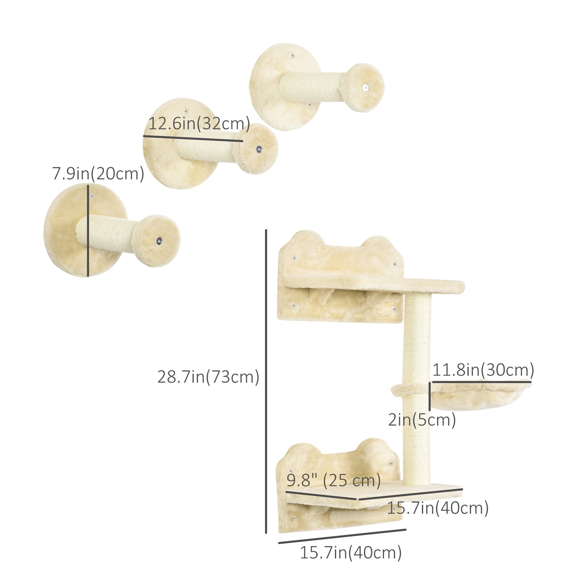 4Pcs Cat Wall Shelf with Scratching Posts, Hammock, Steps, Platforms, Cat Shelves for Relaxing, Sleeping, Jumping, Cat Wall Climber for Indoor Cats, Beige
