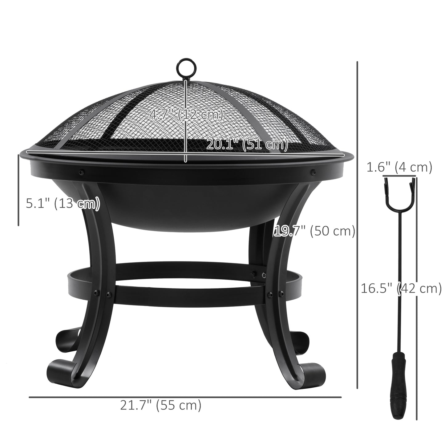 Outdoor Fire Pit, Firepit with Mesh Lid, Poker, for Camping, Bonfire, Picnic, Black