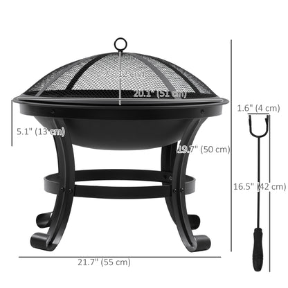 Outdoor Fire Pit, Firepit with Mesh Lid, Poker, for Camping, Bonfire, Picnic, Black