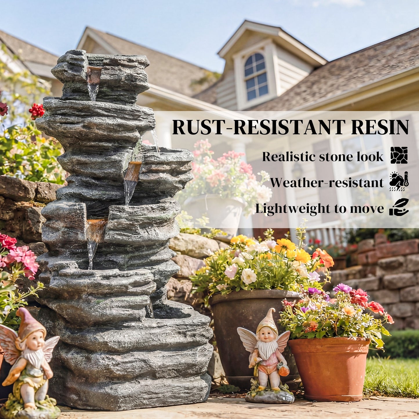 Outdoor 6-Tier Water Fountain, Waterfall Fountain with LED Lights, Resin Waterfall Feature with Pump, Grey