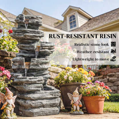 Outdoor 6-Tier Water Fountain, Waterfall Fountain with LED Lights, Resin Waterfall Feature with Pump, Grey