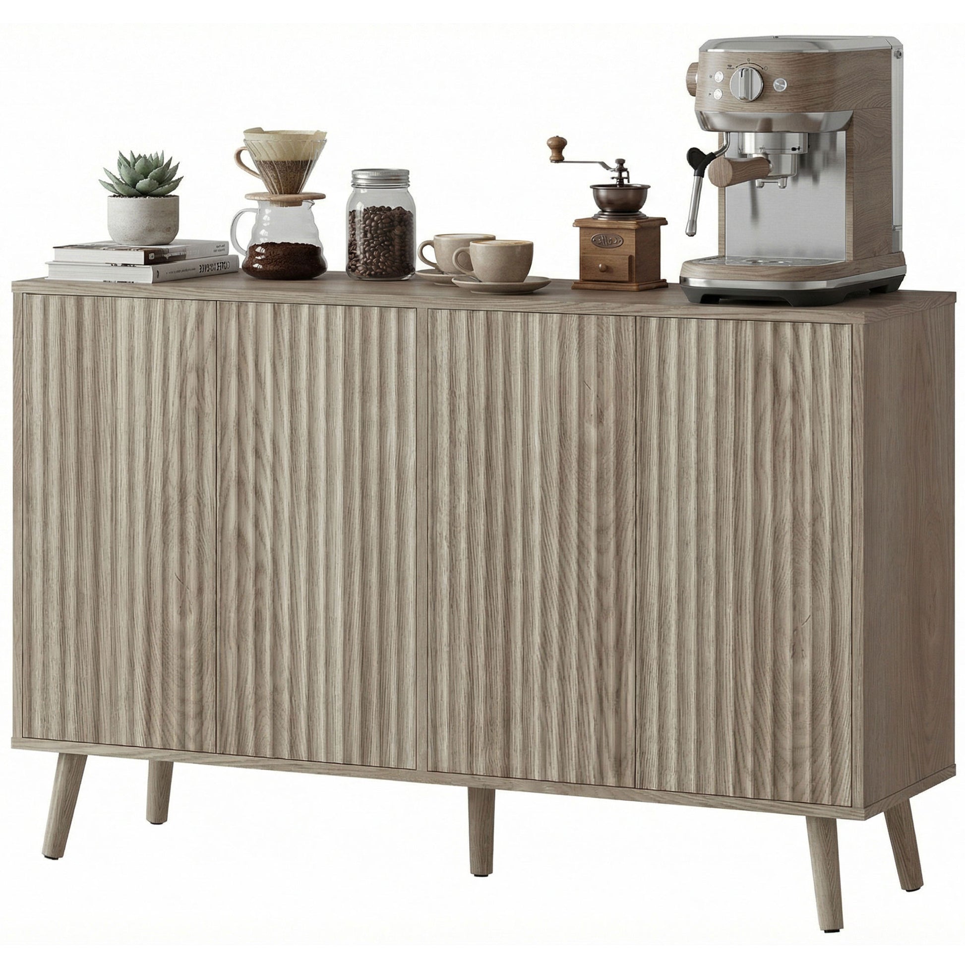 Buffet Cabinet with Storage, Modern Fluted Sideboard with Adjustable Shelves for Dining Room Living Room, Light Grey