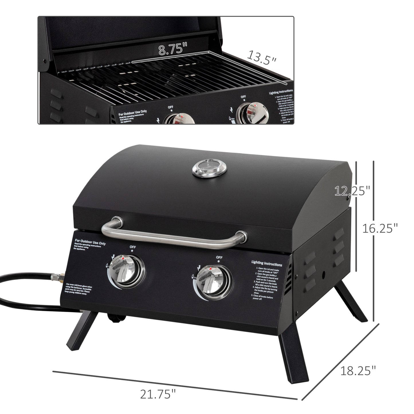 2 Burner Propane Gas Grill, Outdoor Portable Tabletop BBQ with Foldable Legs, 10000 Each Burner, Lid, for Camping, Picnic, Backyard, Black