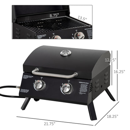 2 Burner Propane Gas Grill, Outdoor Portable Tabletop BBQ with Foldable Legs, 10000 Each Burner, Lid, for Camping, Picnic, Backyard, Black