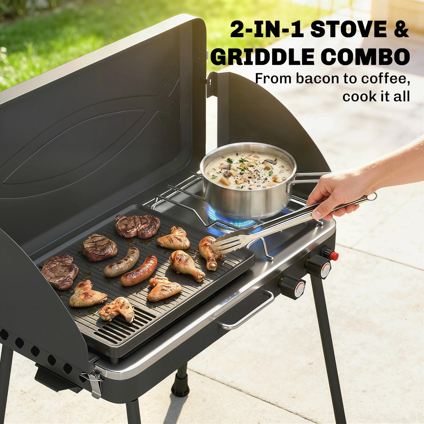 2-in-1 Camping Stove & Gas Griddle Combo, 20,000 BTU Portable Propane Grill with Detachable Legs, Wind Guards, Black