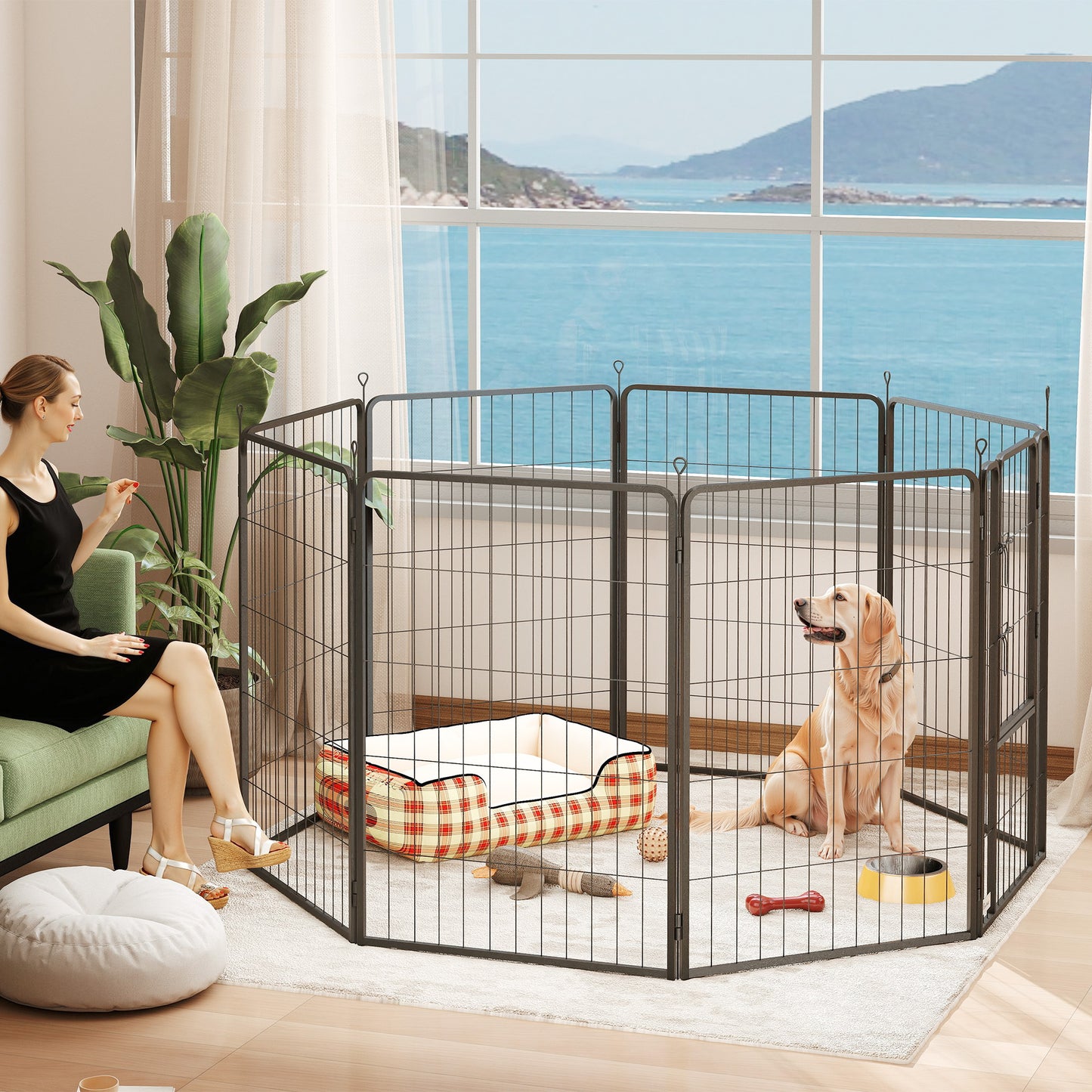 39" Dog Playpen Indoor Outdoor, Portable Foldable 8 Panels Pet Playpen with Door & Strap for Large Dogs