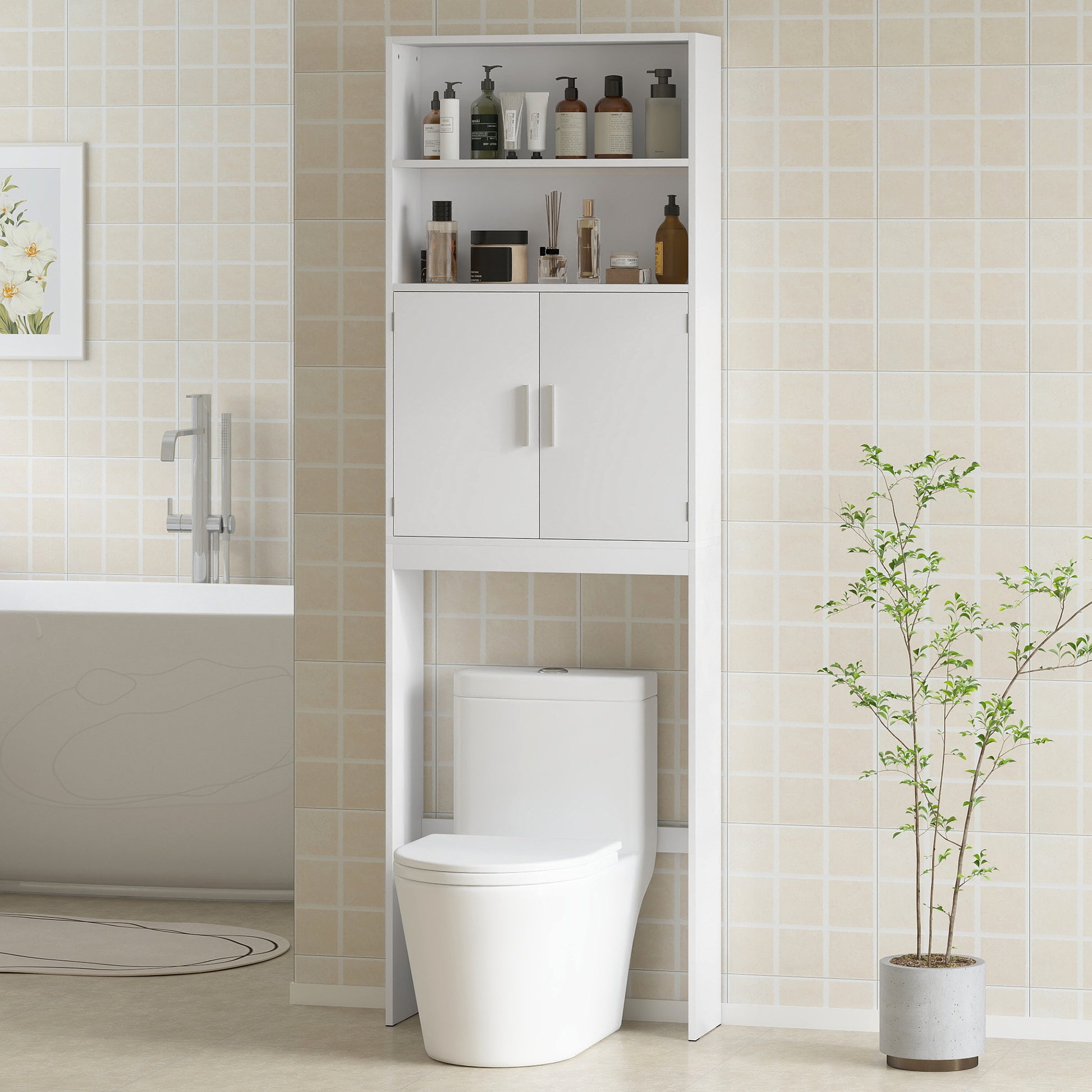 Over The Toilet Storage Cabinet, Freestanding 4-Tier Bathroom Organizer with Adjustable Shelf and 2 Doors, White