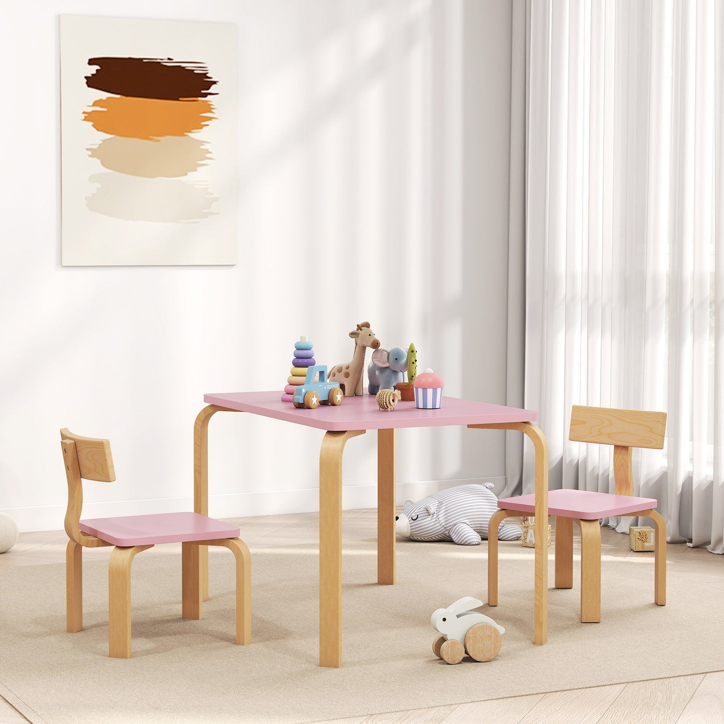 Qaba Kids Table and 2 Chair Set, Children Multi-Activity Furniture Set for Playing, Learning, Eating, Craft, Pink