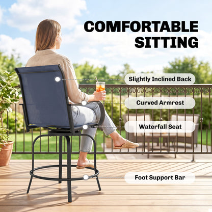 Outdoor Bar Stools Set of 2, 360° Swivel Bar Height Chairs, 26.8" x 29.5" x 48.4", Navy Blue