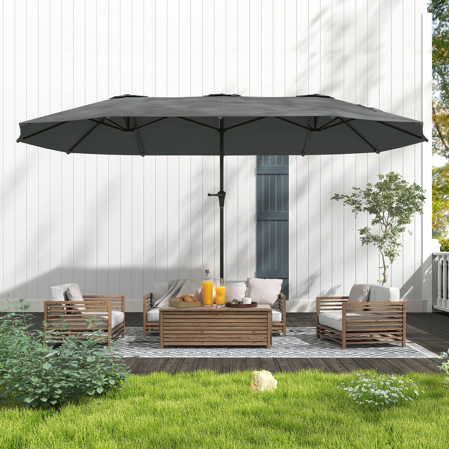 13ft Double-Sided Patio Umbrella with Crank Handle, for Poolside, Deck, Garden, Light Grey