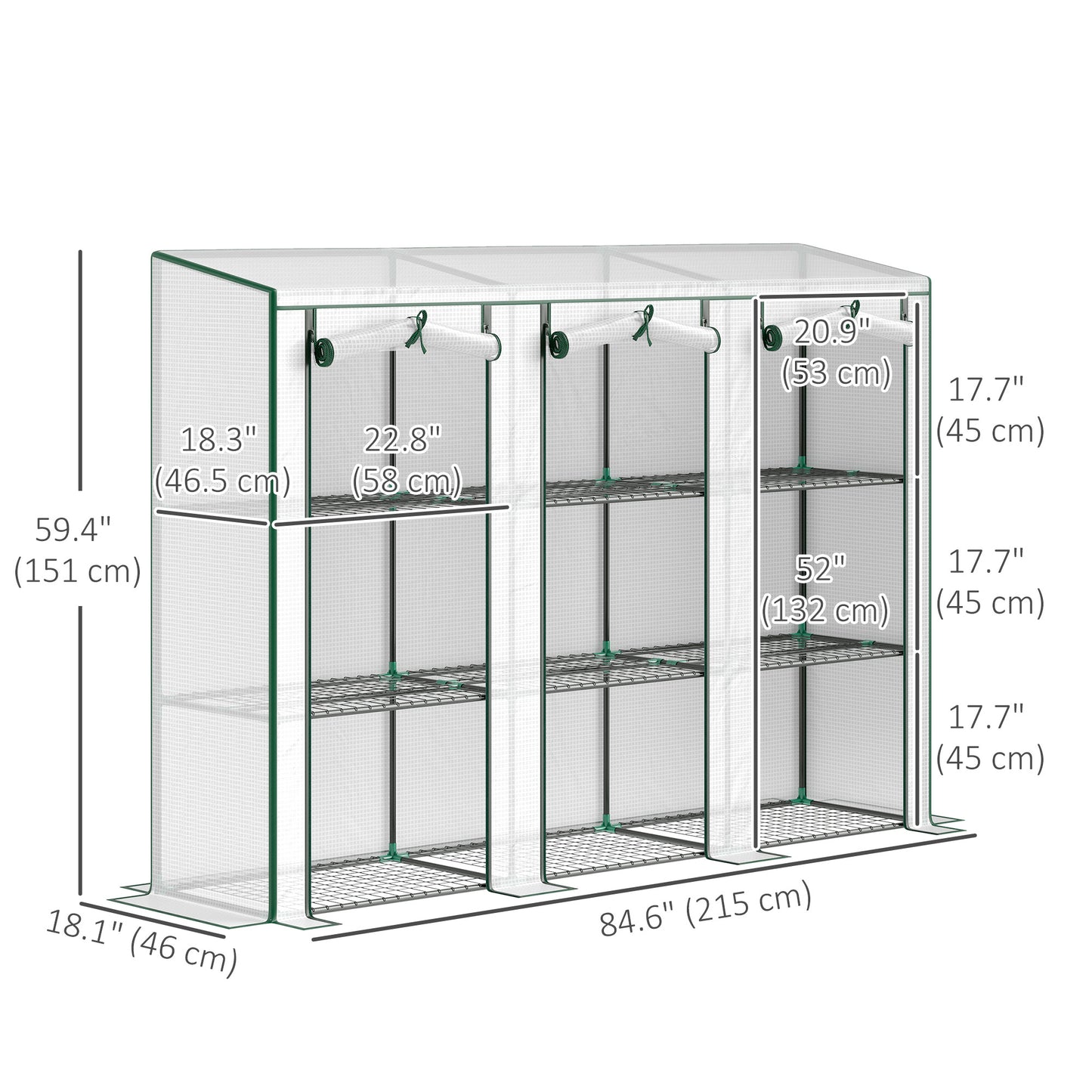 Lean-to Greenhouse with 3 Tier Shelves, Mini Greenhouse with 3 Roll-Up Doors for Indoor Outdoor, White