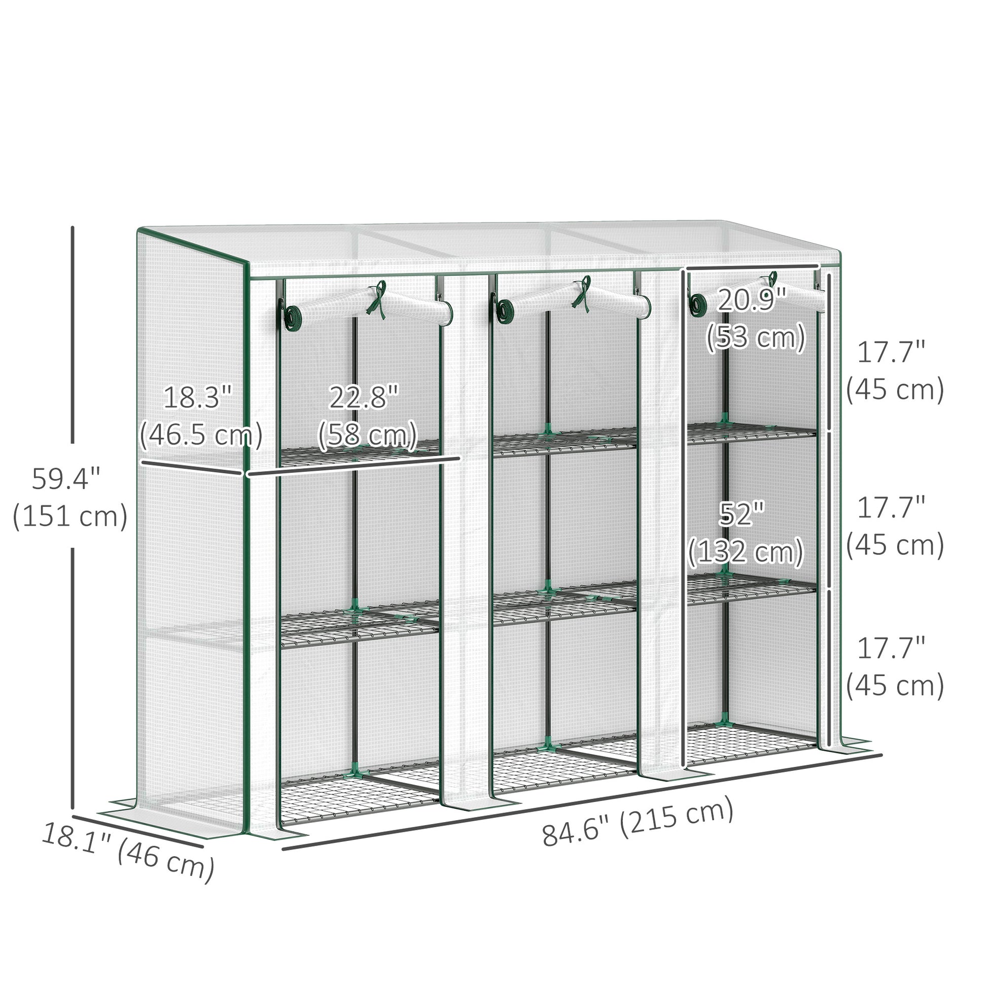Lean-to Greenhouse with 3 Tier Shelves, Mini Greenhouse with 3 Roll-Up Doors for Indoor Outdoor, White