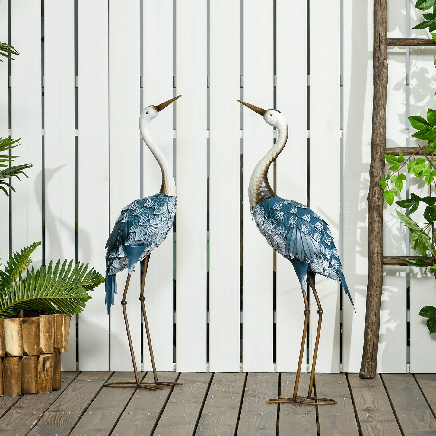 Set of 2 Garden Sculptures Crane Statues Lawn Patio Backyard Ornaments, 28.5"-29.1", Blue