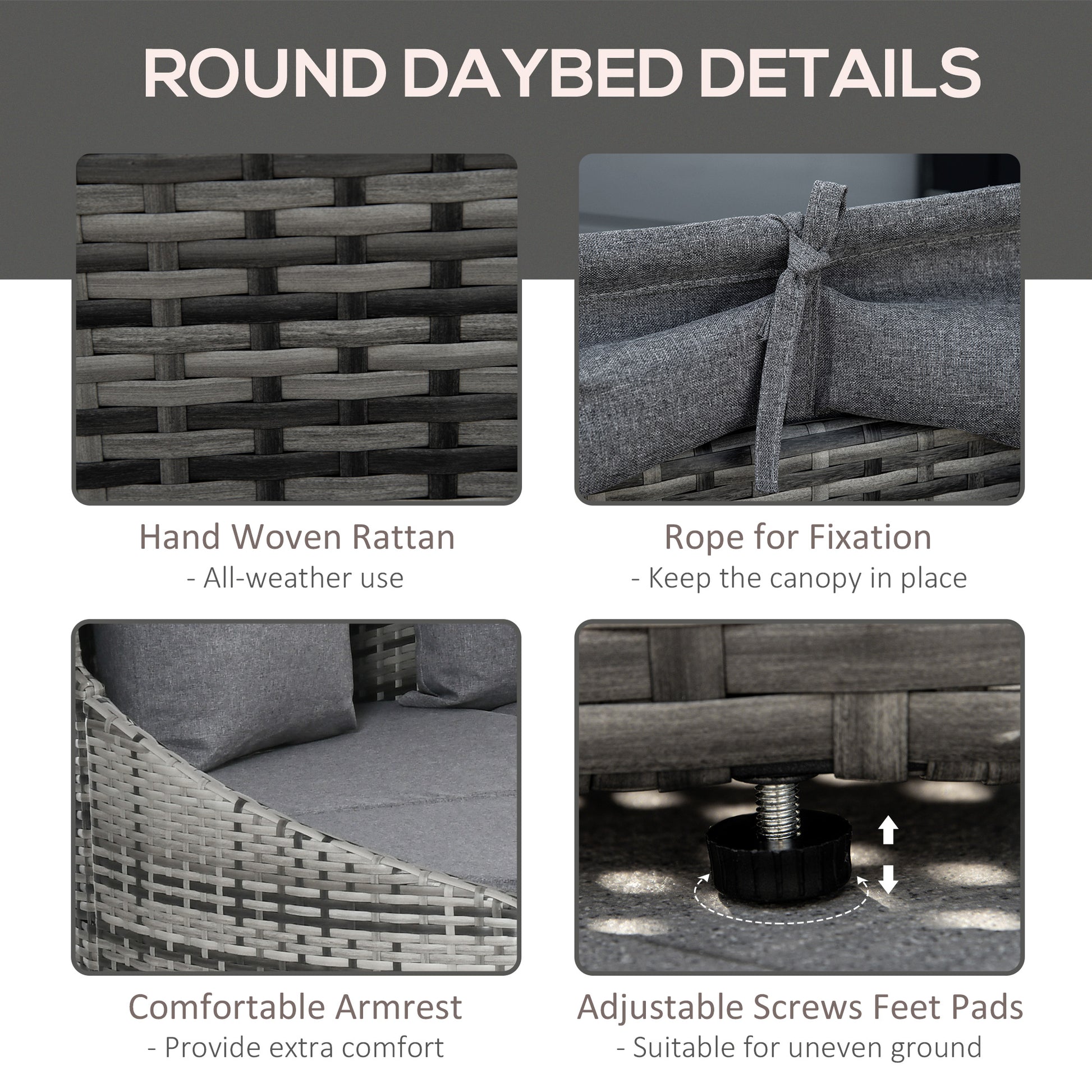 4 Pieces Patio PE Wicker Round Daybed, Outdoor Rattan Garden Lounge Furniture Sets, Grey