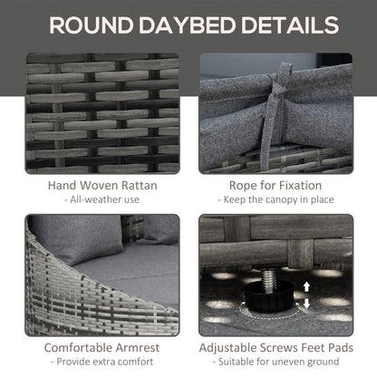 4 Pieces Patio PE Wicker Round Daybed, Outdoor Rattan Garden Lounge Furniture Sets, Grey