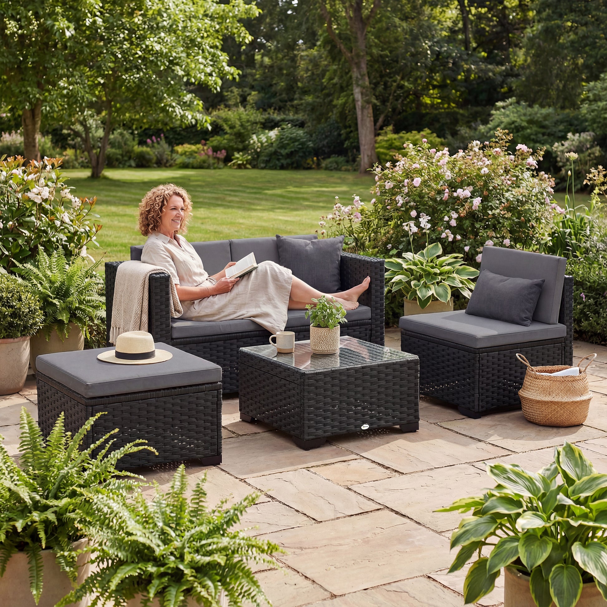 5 Piece Patio Furniture Set, L-Shape Wicker Outdoor Sectional with 3 Chairs, Ottoman, Glass Table, Cushions, Grey