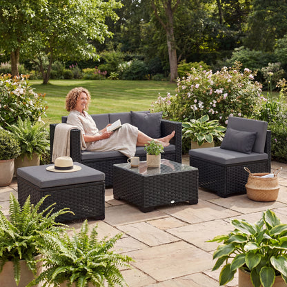 5 Piece Patio Furniture Set, L-Shape Wicker Outdoor Sectional with 3 Chairs, Ottoman, Glass Table, Cushions, Grey