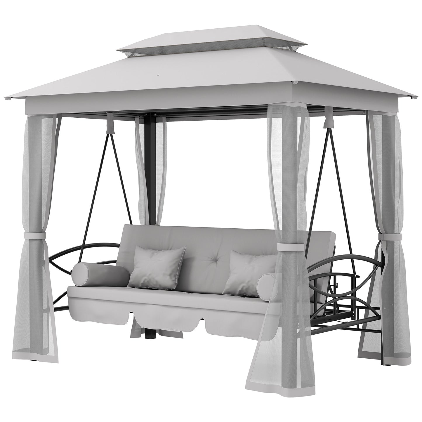 3 Person Outdoor Patio Daybed, 3 in 1 Canopy Gazebo Swing Chair Garden Hammock with Mesh Mosquito and Sun Shade, Grey