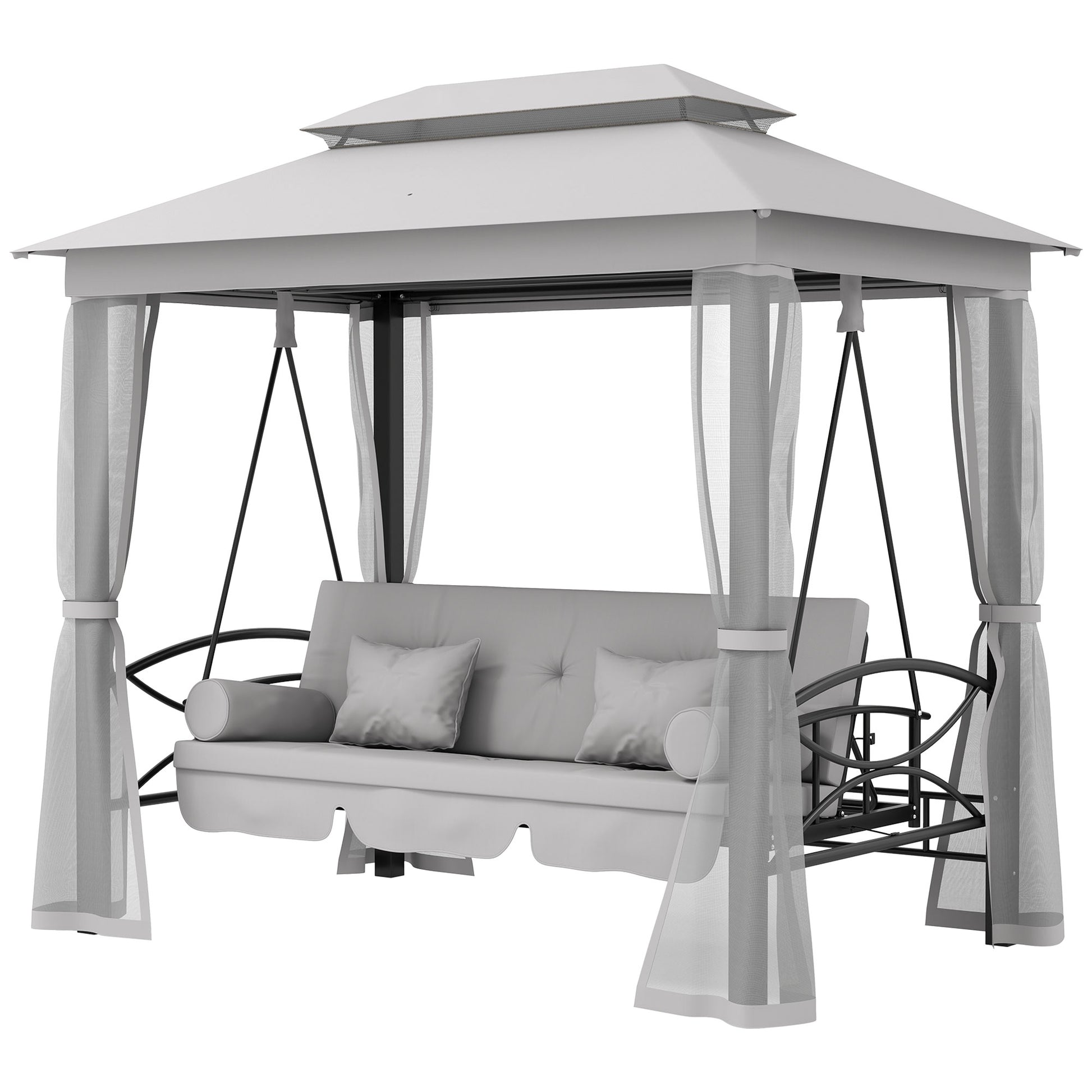 3 Person Outdoor Patio Daybed, 3 in 1 Canopy Gazebo Swing Chair Garden Hammock with Mesh Mosquito and Sun Shade, Grey