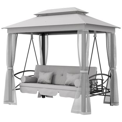 3 Person Outdoor Patio Daybed, 3 in 1 Canopy Gazebo Swing Chair Garden Hammock with Mesh Mosquito and Sun Shade, Grey