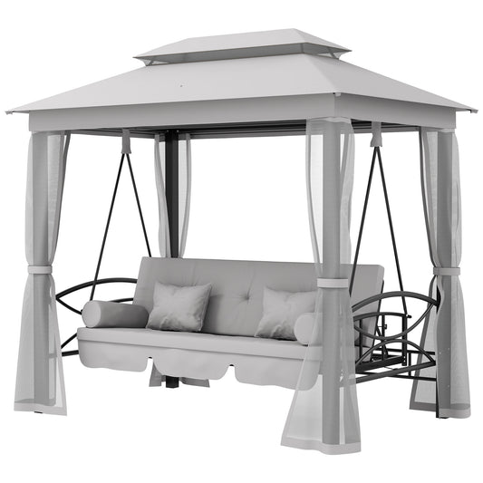 3 Person Outdoor Patio Daybed, 3 in 1 Canopy Gazebo Swing Chair Garden Hammock with Mesh Mosquito and Sun Shade, Grey