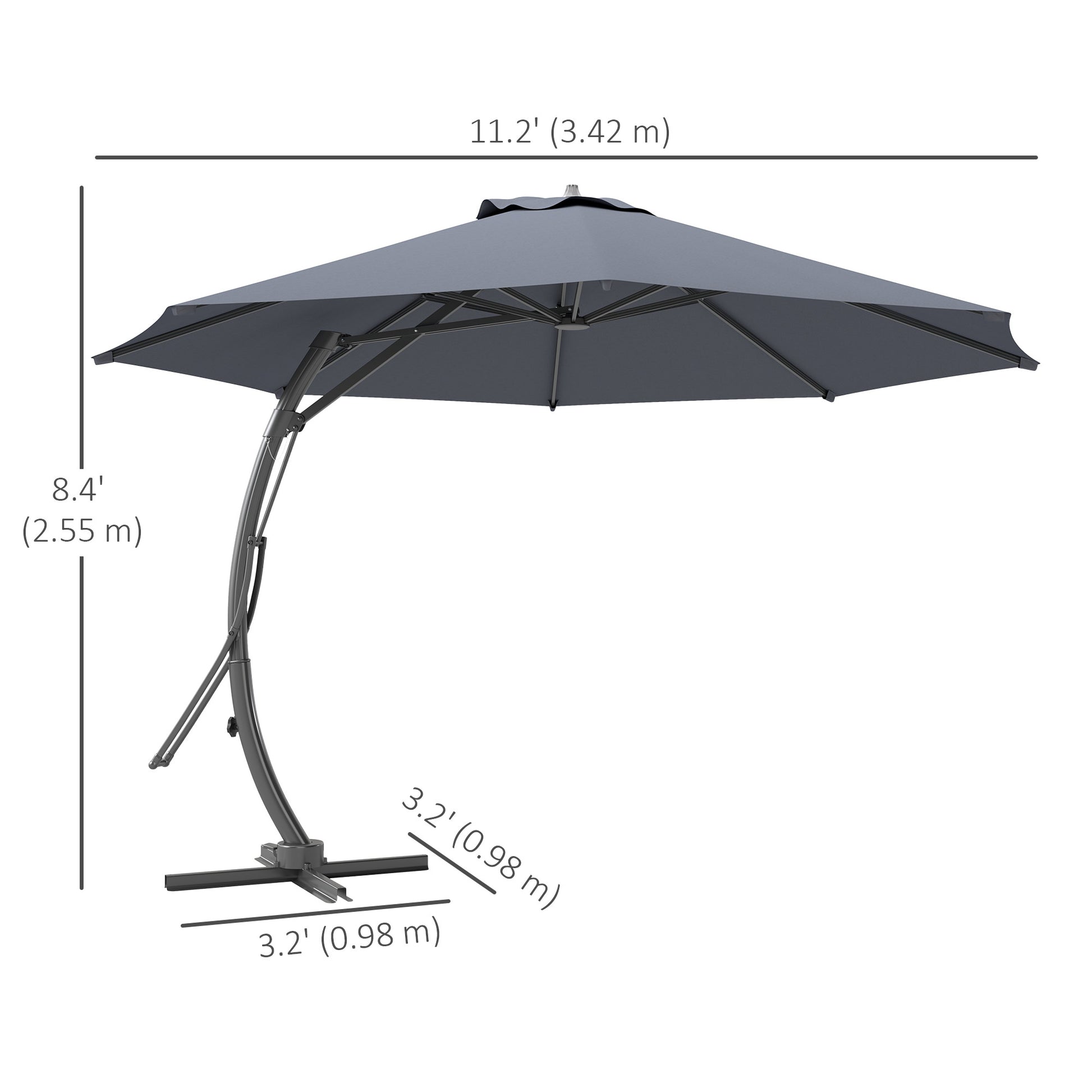 11FT Patio Umbrella, Cantilever Umbrella with 8 Ribs, 360° Rotation, Easy Adjustment for Garden, Deck, UPF 50+, Grey